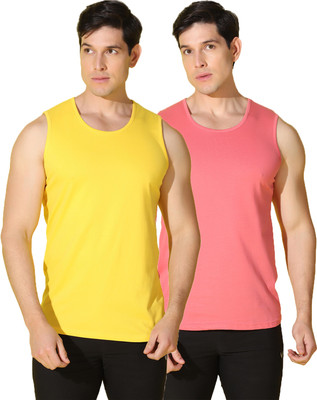 WOOSTRO Solid Men Scoop Neck Yellow, Pink T-Shirt