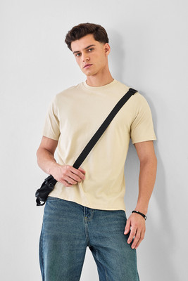 Snitch Solid Men Round Neck Beige T-Shirt