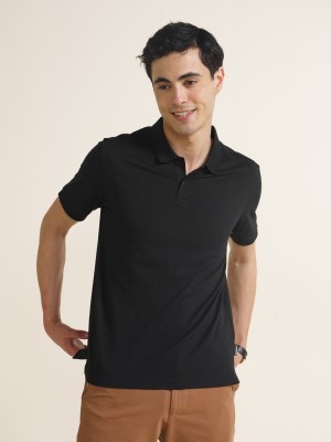 Damensch Solid Men Polo Neck Black T-Shirt