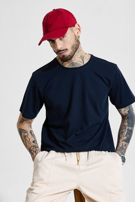 Snitch Solid Men Round Neck Navy Blue T-Shirt
