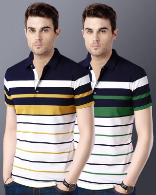 EyeBogler Striped Men Polo Neck Yellow, Green T-Shirt