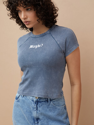 Ginger by Lifestyle Printed Women Round Neck Blue T-Shirt