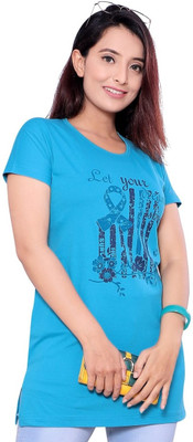 vax vax Printed Women Round Neck Blue T-Shirt