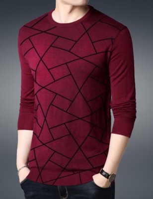 Autna Striped Men Round Neck Maroon T-Shirt