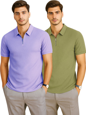 RMLKN Self Design Men Zip Neck Green, Purple T-Shirt