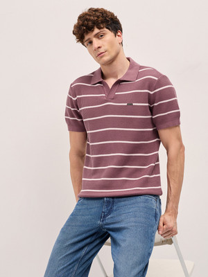 THE BEAR HOUSE Striped Men Polo Neck Purple T-Shirt