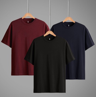 Sleepynuts Solid Men Round Neck Maroon, Navy Blue, Black T-Shirt