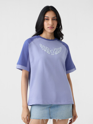 The Souled Store Printed Women Round Neck Blue T-Shirt