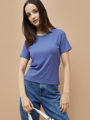 Fame Forever by Lifestyle Solid Women Round Neck Blue T-Shirt