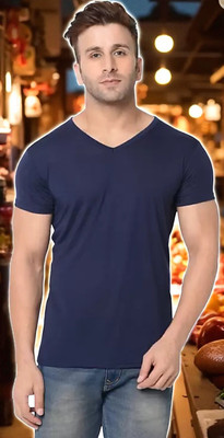 Faricon Trend Solid Men Round Neck Dark Blue T-Shirt