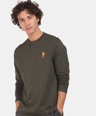 U.S. POLO ASSN. Solid Men Henley Neck Green T-Shirt