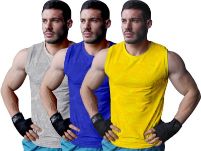 FTX Self Design Men Round Neck Grey, Blue, Yellow T-Shirt