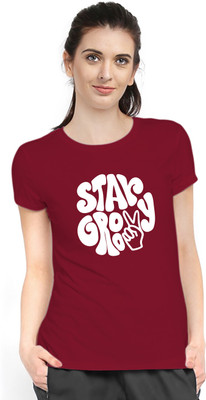 Stylimo Printed, Typography Women Round Neck Maroon T-Shirt