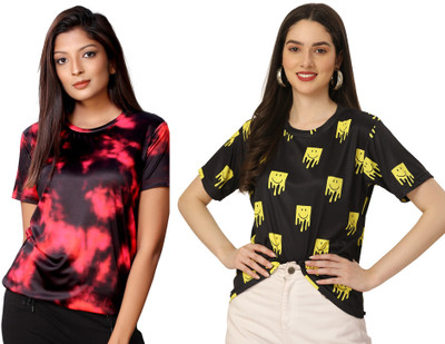 SHRIEZ Printed Women Round Neck Multicolor T-Shirt