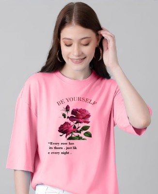 NVYARI Printed, Typography Women Round Neck Pink T-Shirt