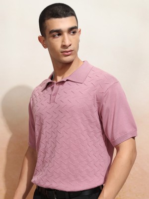 HIGHLANDER Self Design Men Polo Neck Pink T-Shirt