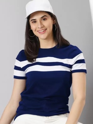 HouseOfCommon Striped Women Round Neck Dark Blue T-Shirt