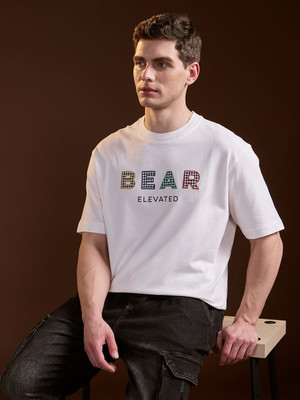 THE BEAR HOUSE Self Design Men Round Neck White T-Shirt