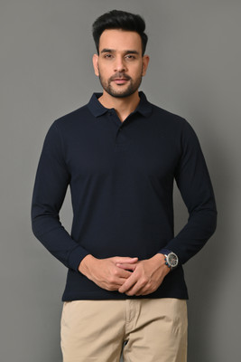 Arbour Solid Men Polo Neck Navy Blue T-Shirt