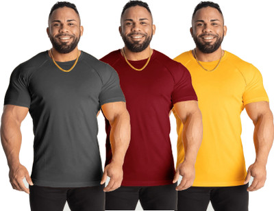 UDI n ADI Solid Men Round Neck Maroon, Grey, Yellow T-Shirt