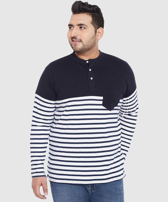 bigbanana Striped Men Henley Neck White T-Shirt