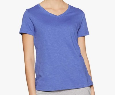 San Fashion Self Design Women V Neck Blue T-Shirt