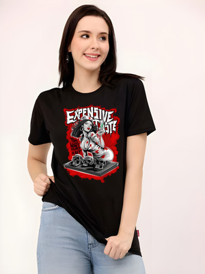 Kaido Graphic Print Women Round Neck Black T-Shirt
