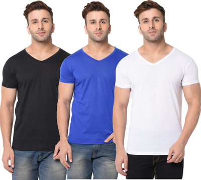 JB Jagoboy Solid Men V Neck White, Blue, Black T-Shirt