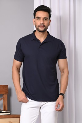 Arbour Solid Men Polo Neck Navy Blue T-Shirt