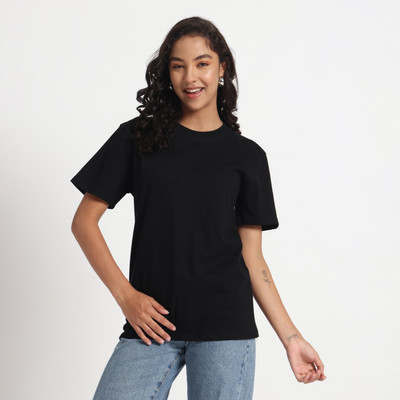 OldVampire Solid Women Round Neck Beige T-Shirt