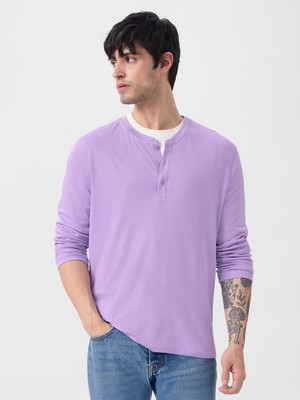 The Souled Store Solid Men Henley Neck Purple T-Shirt