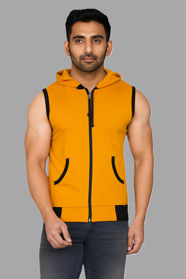 VASTRAART Solid Men Hooded Neck Black, Yellow T-Shirt