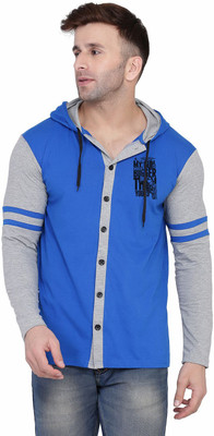 tfurnish Colorblock Men Hooded Neck Blue, Grey T-Shirt