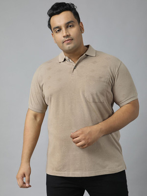 XMEX Self Design, Solid Men Polo Neck Beige T-Shirt