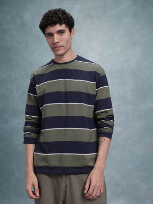 Roadster Striped Men Round Neck Blue T-Shirt
