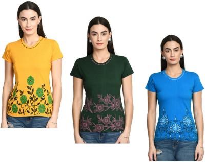 KAVYA Printed Women Round Neck Yellow, Dark Green, Light Blue T-Shirt