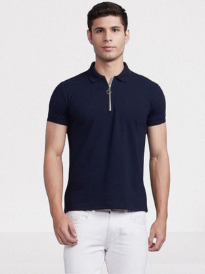 R S Fashion Trend Solid Men Zip Neck Blue T-Shirt