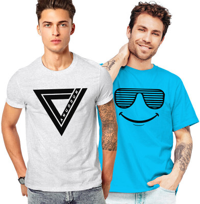 FADMARK Printed Men Round Neck Grey, Blue T-Shirt