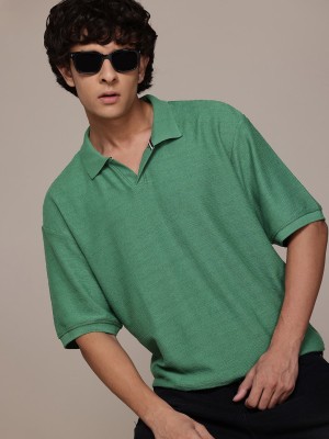 Roadster Solid Men Polo Neck Green T-Shirt