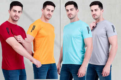 OCTOVEEJ Solid Men Round Neck Maroon, Grey T-Shirt