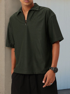 Glitchez Solid Men Polo Neck Green T-Shirt