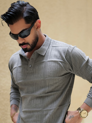 MANIAC Self Design Men Polo Neck Grey T-Shirt