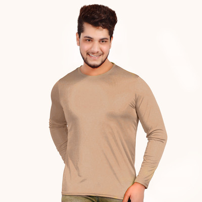 KASPY Solid Men Round Neck Beige T-Shirt