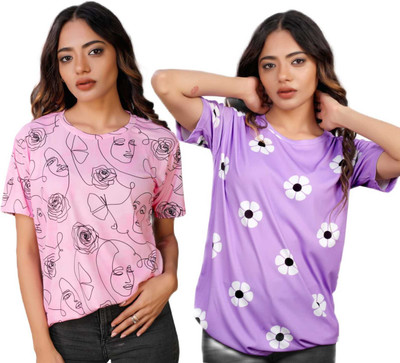 Apachee Printed Women Round Neck Purple, Pink T-Shirt