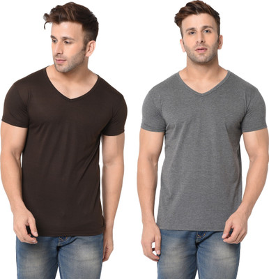 JB Jangoboy Solid Men V Neck Brown, Grey T-Shirt