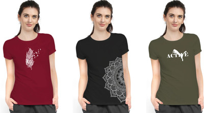 Stylimo Printed Women Round Neck Black, Green, Maroon T-Shirt