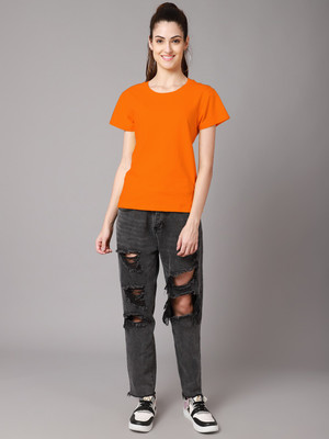 FBAR Solid Women Round Neck Orange T-Shirt