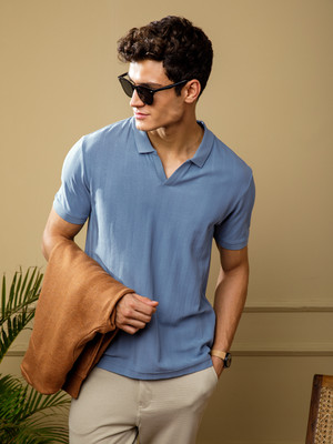 Damensch Solid Men Polo Neck Blue T-Shirt