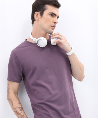 HIGHLANDER Self Design Men Round Neck Pink T-Shirt