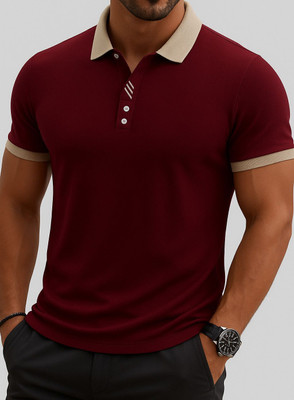 TAZO Solid Men Polo Neck Maroon T-Shirt